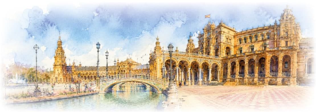 Watercolour of the Plaza de España in Seville